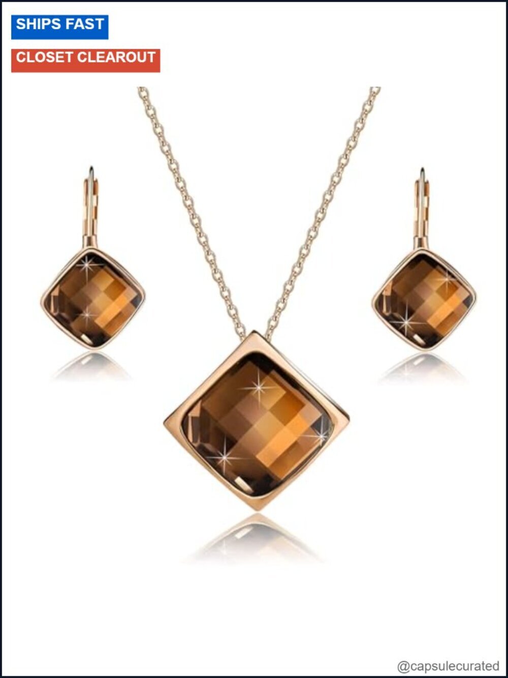 Austrian Crystal Square Pendant Necklace and Earrings Set, 18K Gold-Plated